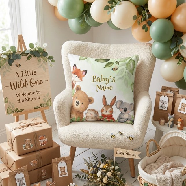 Coussin Fête de Naissance Bébé Animaux Mignons Forêt Verte (Créateur téléchargé)