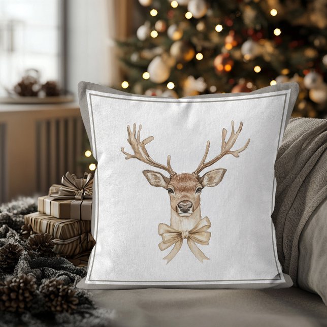 Coussin Fête de Noël avec cerfs  (Deer with Bow Country Christmas Pillow)