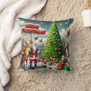 Coussin Fête de Noël avec Père Noël et rennes