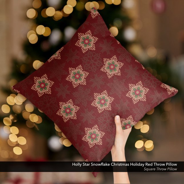 Coussin Fête de Noël Holly Star Snowflake (Holly Star Snowflake Christmas Holiday Red Throw Pillow)