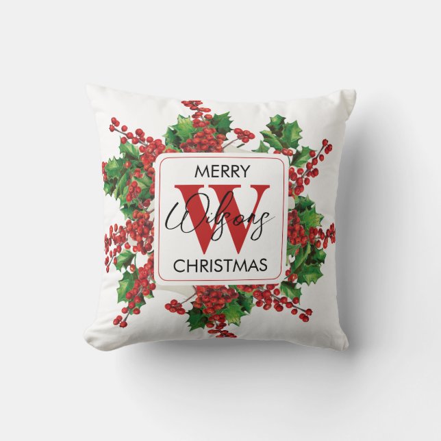 Coussin Fête de Noël Monogramme Rouge & Vert Festif (Recto)