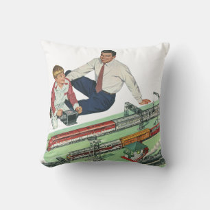 Coussin Fête des Pères vintage, papa et fils avec des trai