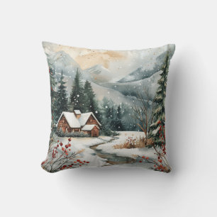 Coussin Fête du sapin du Cottage couvert de neige aux baie