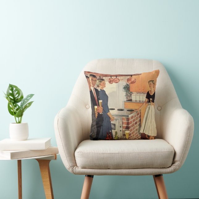 Coussin Fête rétro dans la cuisine, bière et amuse-gueules (Chaise)