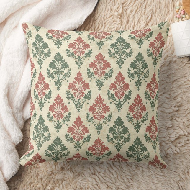 Coussin Fête Vintage Damassé Rouge Vert Beige (Couverture)