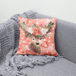 Coussin Fêtes de Noël - Aquarelle Cerf & PointsettiaR