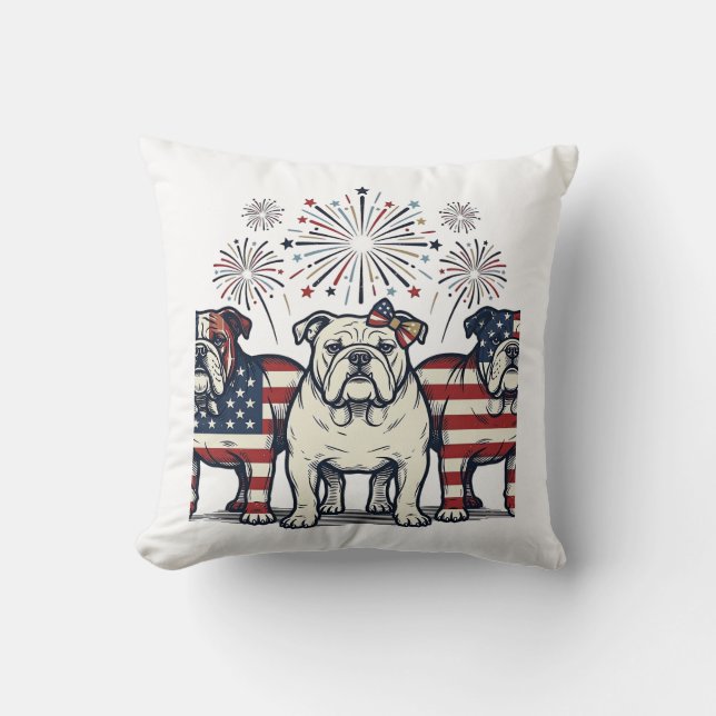 Coussin Feu d'artifice de bouledogue patriotique Gravure v (Recto)