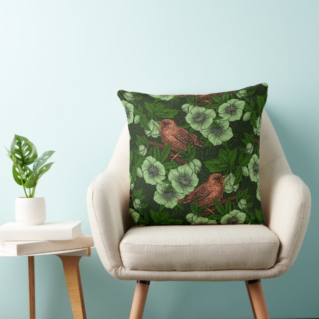 Coussin Feu et hellebore sur vert foncé (Chaise)