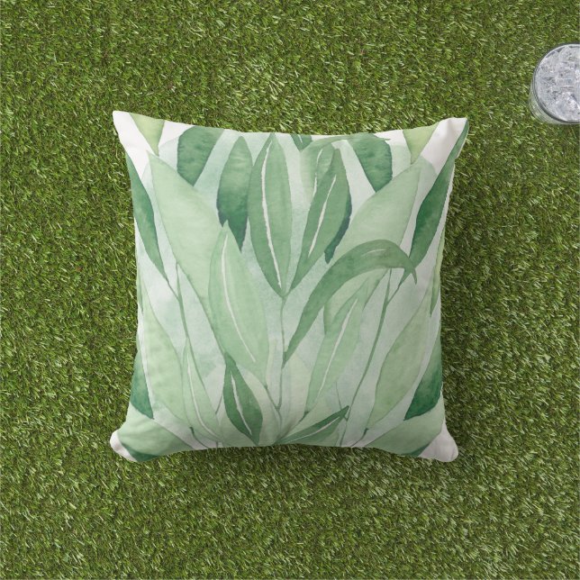 Coussin Feuillage de feuilles vertes botanique blanc natur (Herbe)