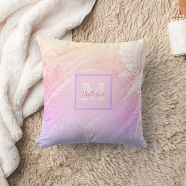 Coussin Feuillage de palmier violet rousse Nom monogramme  (Couverture)