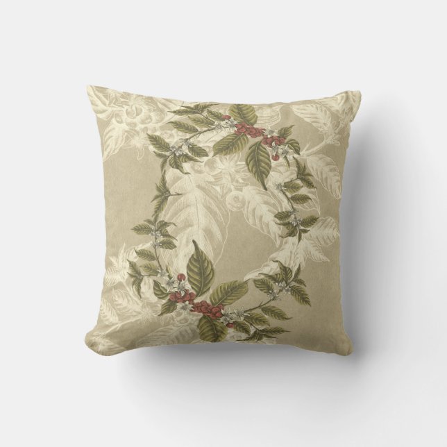 Coussin Feuillage doré vert beige vintage (Recto)