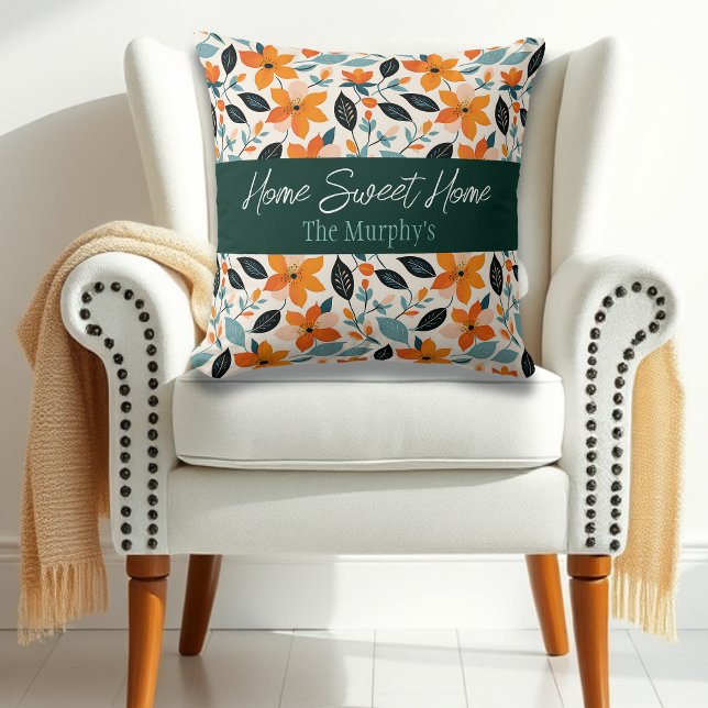 Coussin Feuillage et fleurs orange et bleu Personnalisé (Créateur téléchargé)
