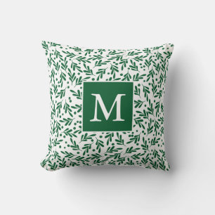 Coussin Feuillage festif vert et blanc Monogramme de fêt