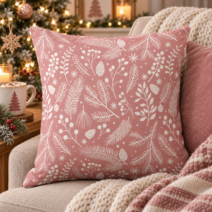 Coussin Feuillage hivernal rustique-chic Rose poussiéreuse