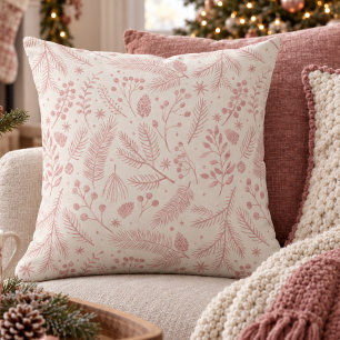 Coussin Feuillage hivernal rustique-chic rose poussiéreuse