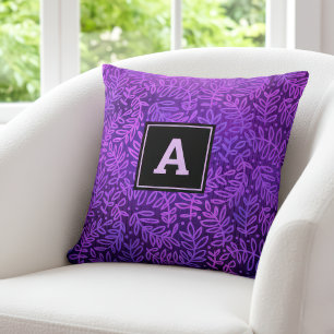Coussin Feuillage motif de feuille violet monogramme