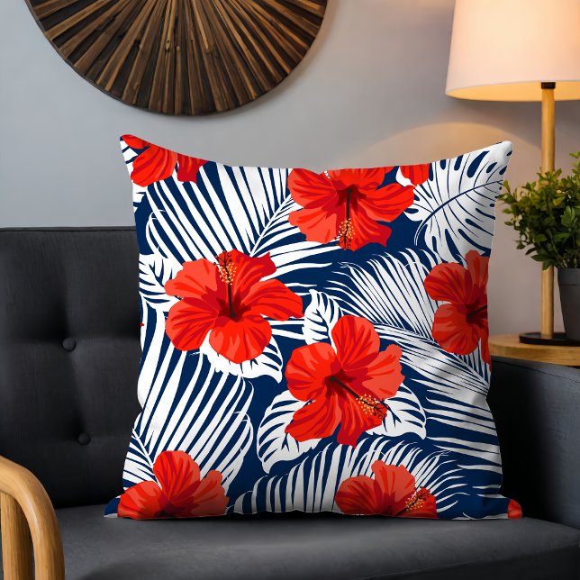 Coussin Feuillage Tropical Avec Hibiscus Floral Rouge (Créateur téléchargé)