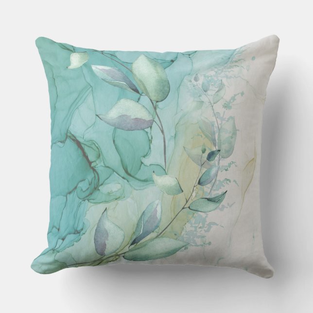 Coussin Feuillage vert de mer et encre Turquoise Mystique (Recto)