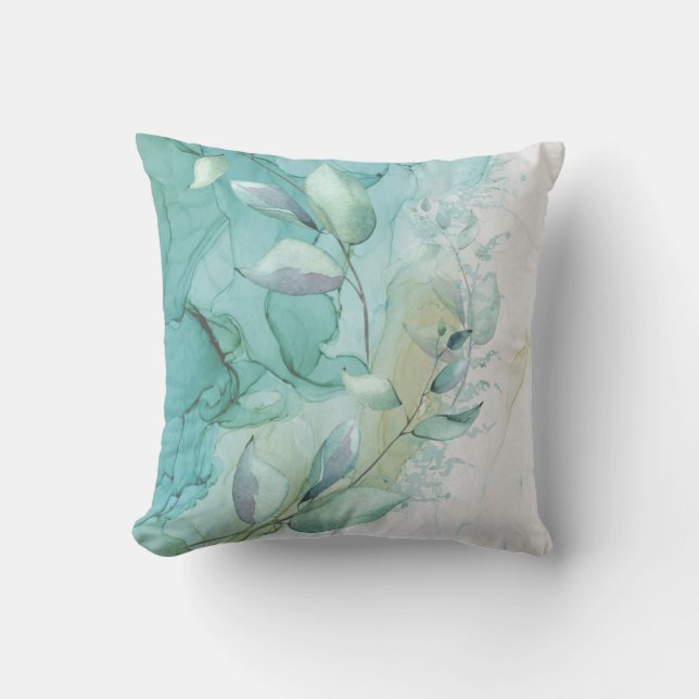 Coussin Feuillage vert mer et encre Turquoise Mystique Jet (Recto)
