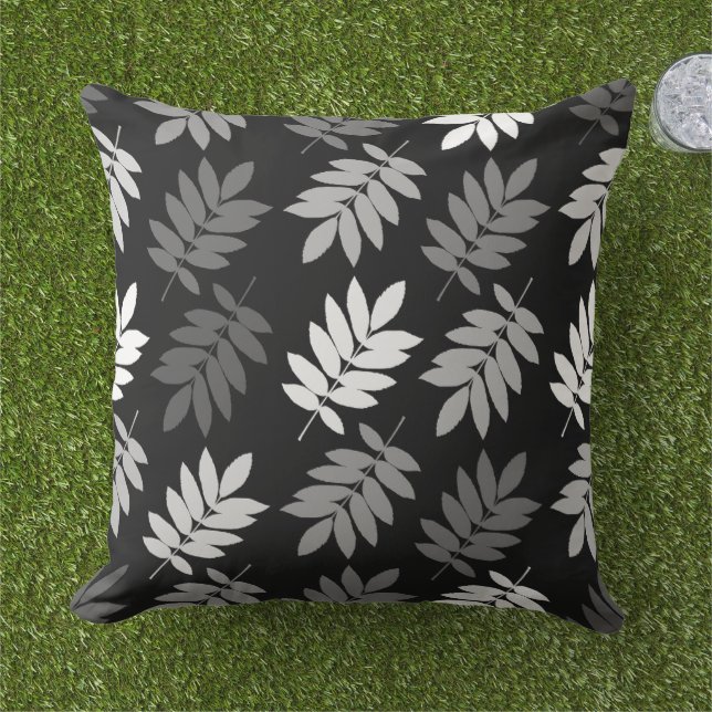 Coussin Feuille aînée grand motif noir blanc gris (Herbe)