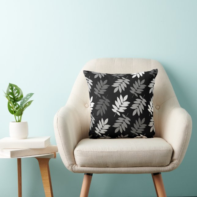 Coussin Feuille aînée grand motif noir blanc gris (Chaise)