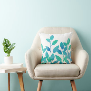 Coussin Feuille bleu d'aquarelle de turquoise