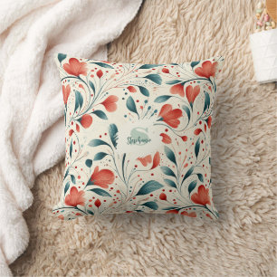 Coussin Feuille bleue blanche et motif floral rouge