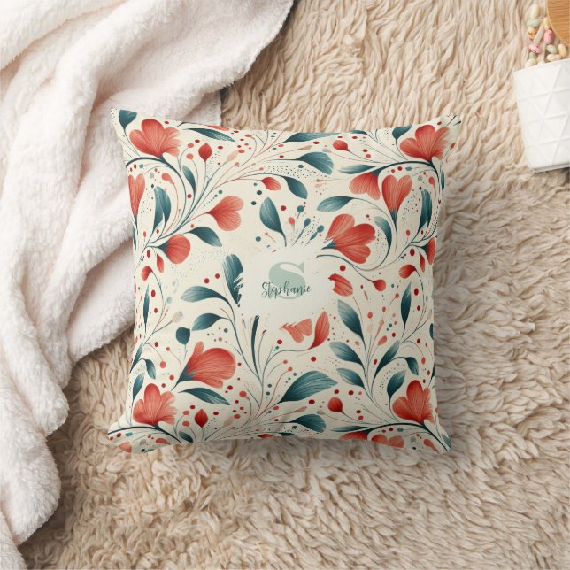 Coussin Feuille bleue blanche et motif floral rouge (Couverture)