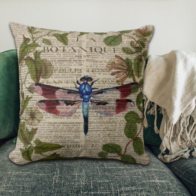 Coussin feuille botanique moderne vintage (french botanical leaves modern vintage dragonfly throw pillow)