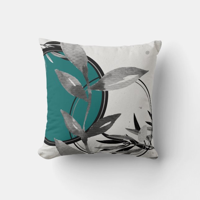 Coussin Feuille d'aquarelle Abstraite turquoise et grise (Recto)