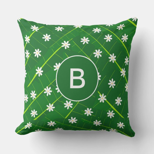 Coussin feuille de banane tropicale et fleurs vert botaniq (Recto)