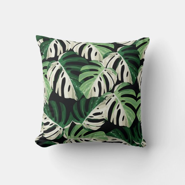 Coussin Feuille de Monstera Motif Noir Exotique (Recto)