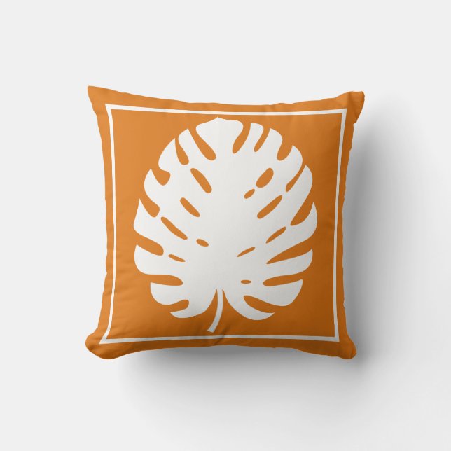 Coussin Feuille de Monstera Orange Blanc Moderne et Nautiq (Recto)