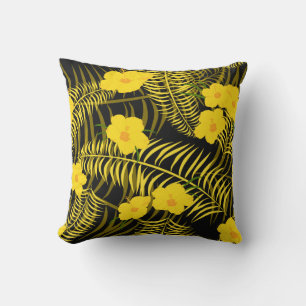 Coussin Feuille de palme jaune noire et fleurs d'hibiscus