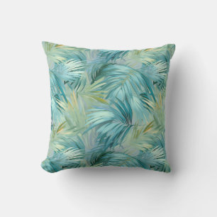 Coussin Feuille de palmier bleu tropical à motif aquarelle