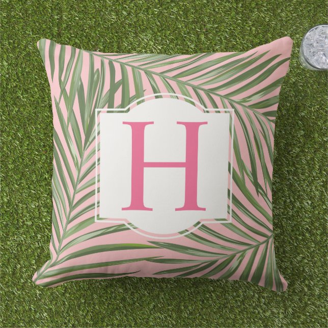 Coussin Feuille de palmier verte tropicale Monogramme init (Herbe)