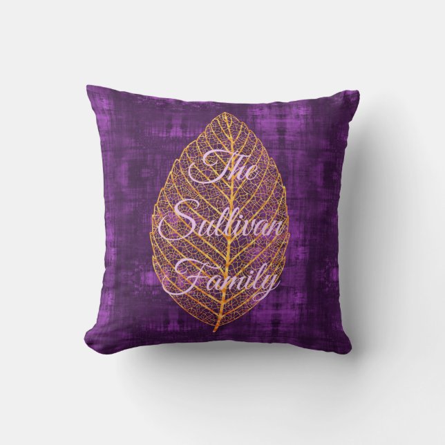 Coussin Feuille d'or d'automne sur Satin violet violet (Recto)
