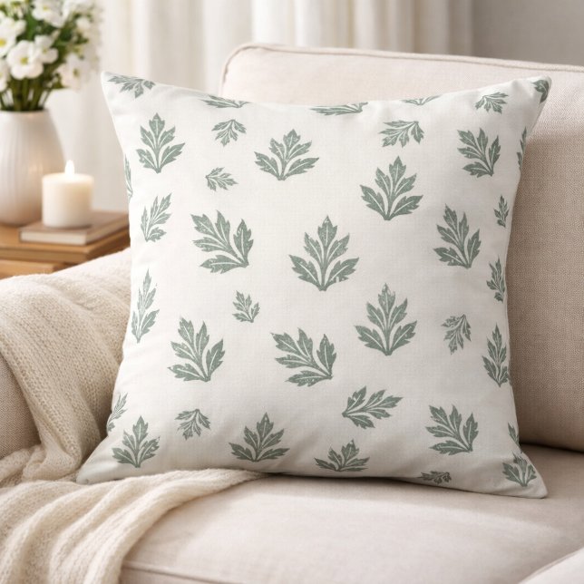 Coussin Feuille imprimée en bloc de vert sauge minimal (Créateur téléchargé)