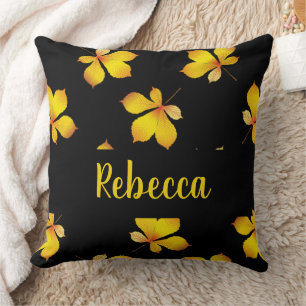 Coussin Feuille sec jaune nom personnalisé noir