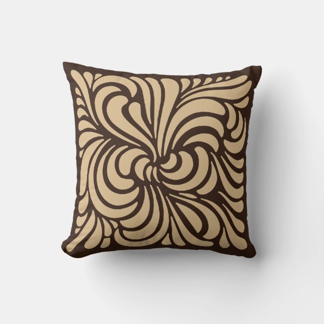 Coussin Feuille stylisé de Nouveau d'art, Tan et brun (Recto)