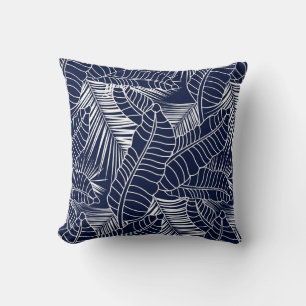 Coussin Feuille tropicale, arrière - plan bleu marine