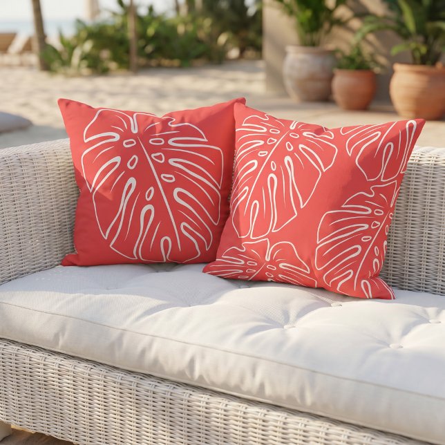 Coussin Feuille Tropicale Blanche Motif Melon Rouge (Créateur téléchargé)