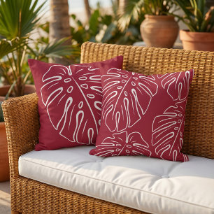 Coussin Feuille Tropicale Blanche Motif Rouge Marron Foncé