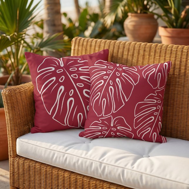Coussin Feuille Tropicale Blanche Motif Rouge Marron Foncé (Créateur téléchargé)
