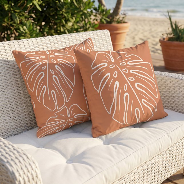 Coussin Feuille Tropicale Blanche Motif Sienne Orange Marr (Créateur téléchargé)