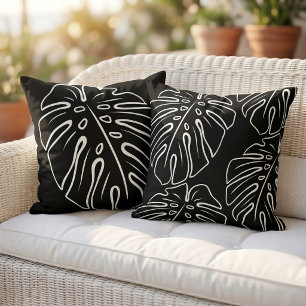 Coussin Feuille Tropicale Blanche sur Fond Noir Élégant