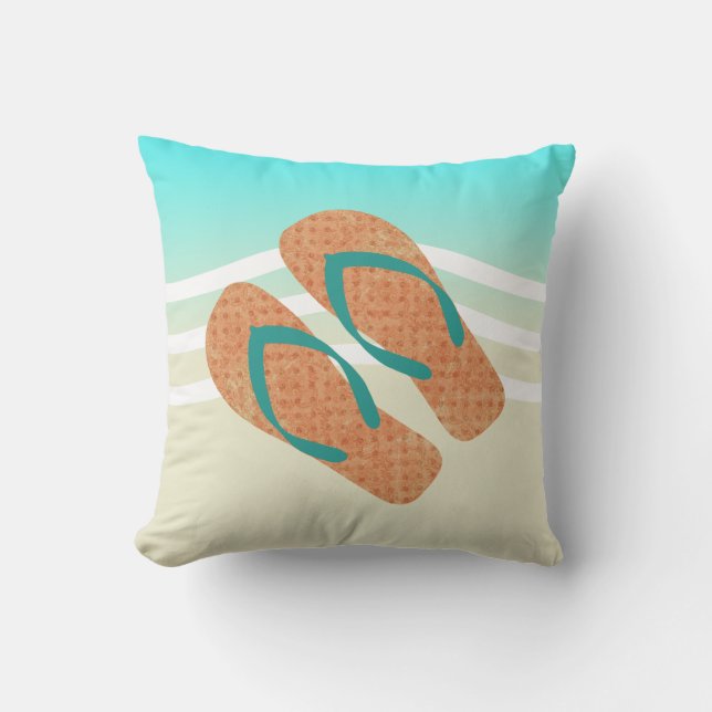 Coussin Feuilles À Fil Orange Et Vert Aqua Beach Waves (Recto)