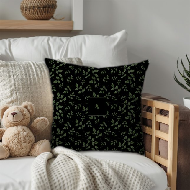 Coussin Feuilles à motif noir vert monogramme (Créateur téléchargé)