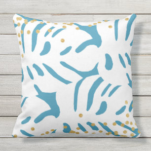 Coussin Feuilles Abstraits Aqua Bleu et Blanc avec Faux Or