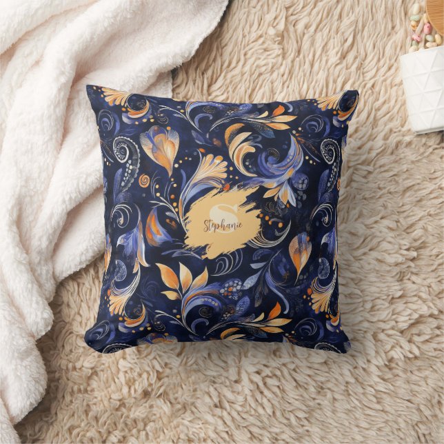 Coussin Feuilles Abstraits Paisley bleu et or (Couverture)